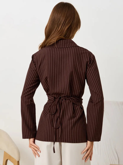 Women's Striped Wrap Blouse Long Sleeve Collared Top