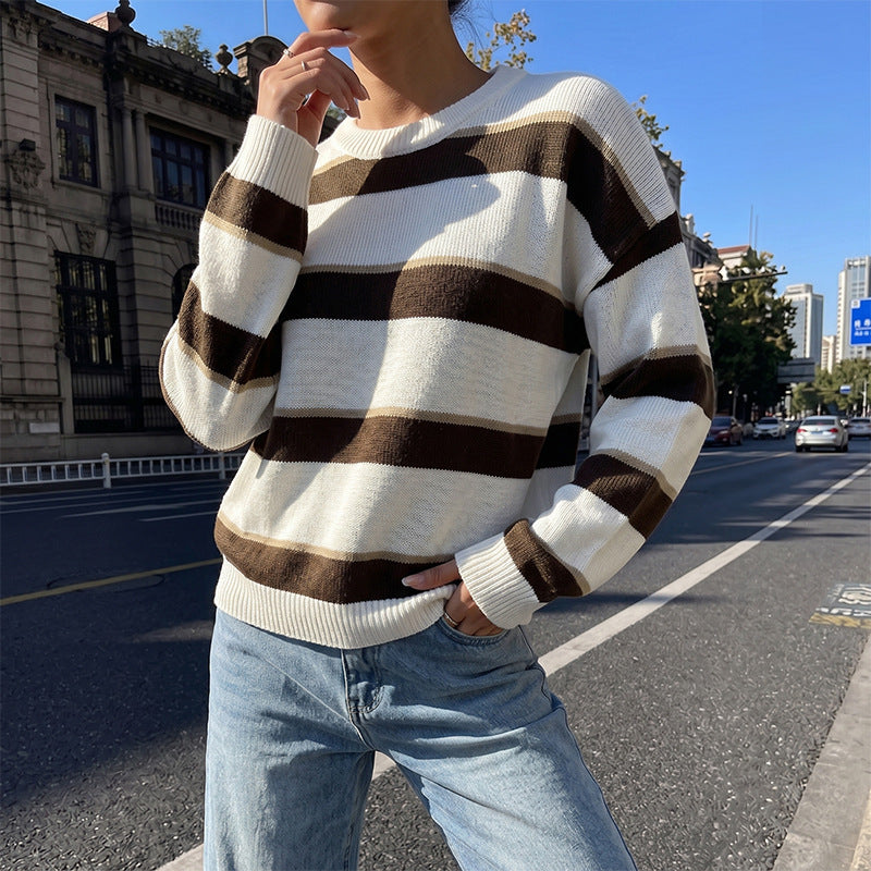 Striped Knit Sweater Crew Neck Loose Pullover