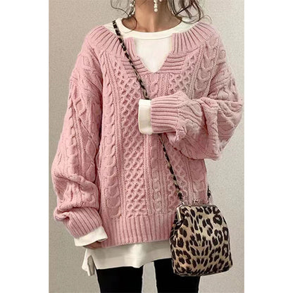 Women's Oversized Cable Knit V-Neck Pullover Sweater
