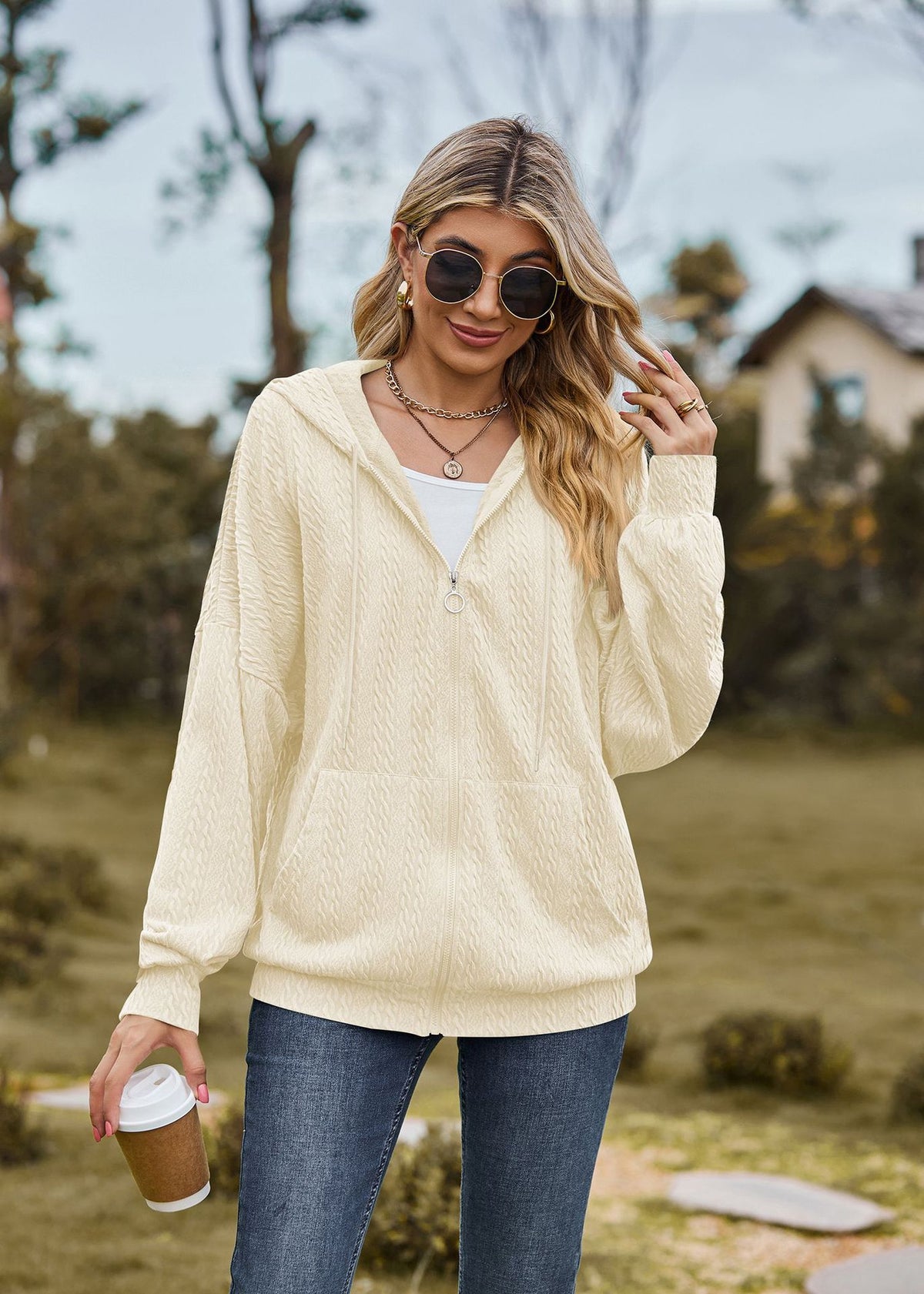 Oversized Textured Zip-Up Hoodie Jacket Pockets