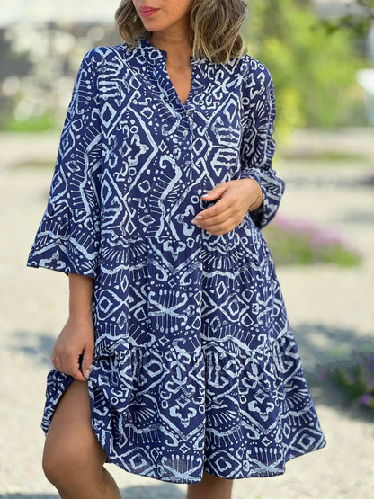 Women's Boho Geometric Tiered V-Neck 3/4 Sleeve Dress