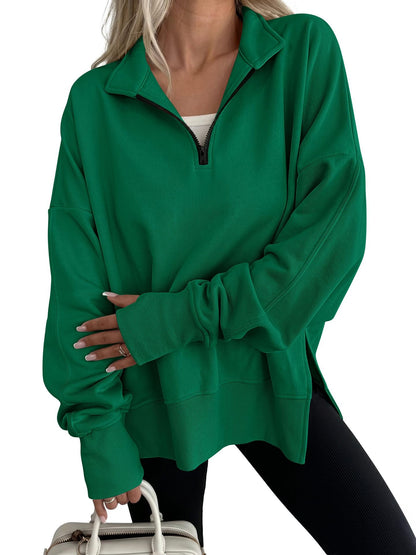 Women's Oversized Quarter Zip Sweatshirt Side Slit Pullover