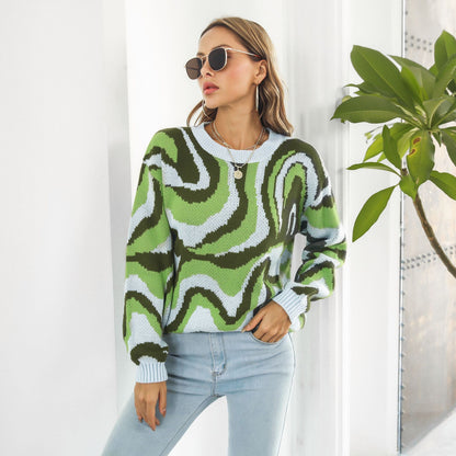 Women's Oversized Abstract Wave Crew Neck Sweater