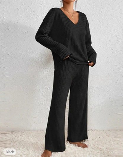 Ribbed Knit V-Neck Top Wide Leg Pants Two Piece Set