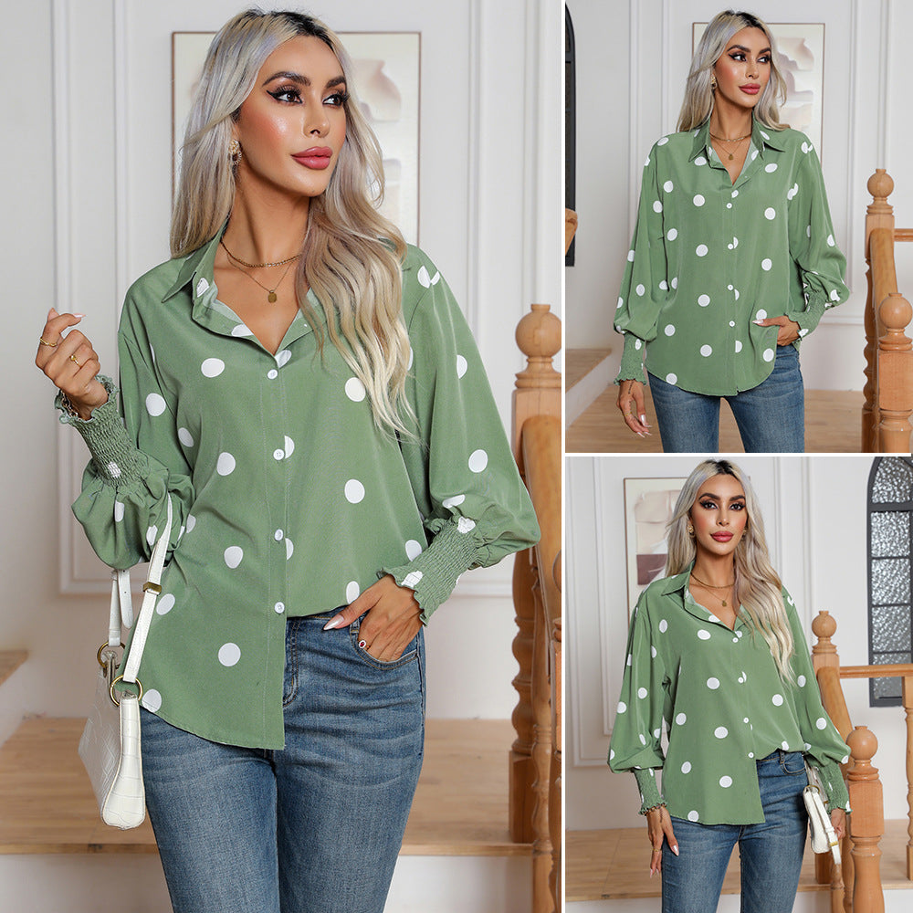 Sage Green Polka Dot Balloon Sleeve Button Down Blouse