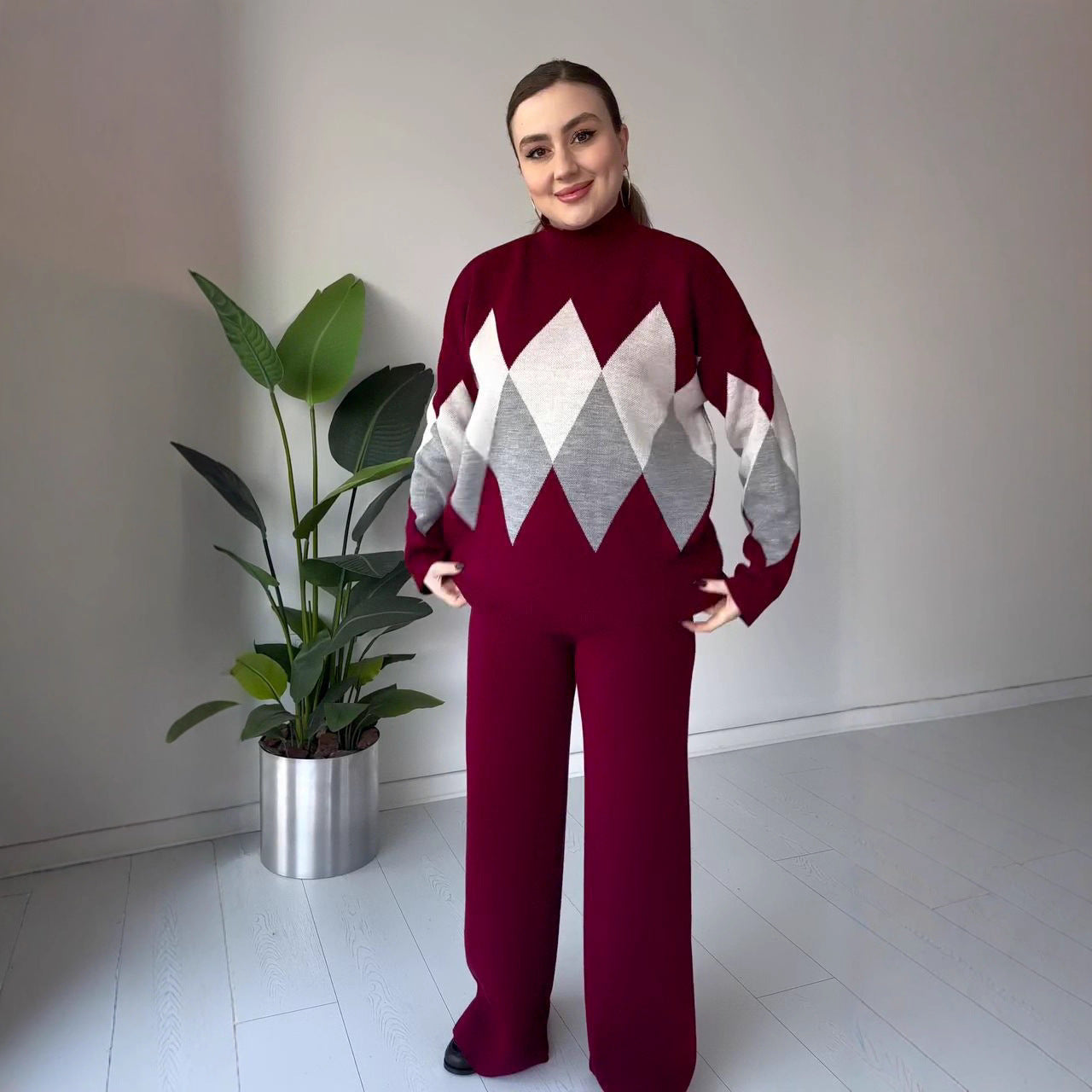 Women's Argyle Knit Sweater & Pants Two Piece Lounge Set