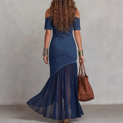 Women's Cold Shoulder Denim Dress Sheer Mesh Maxi