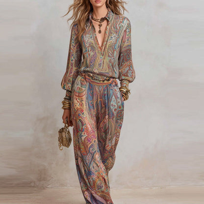 Women's Paisley V-Neck Wide Leg Pants Two Piece Set