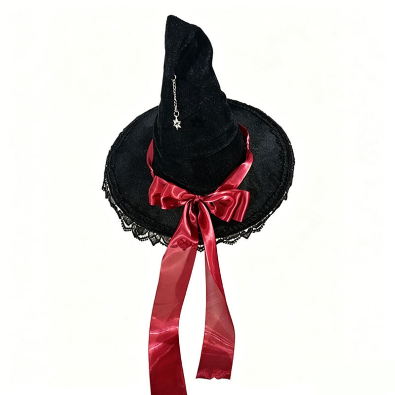 Gothic Velvet Witch Hat with Lace Brim and Satin Bow