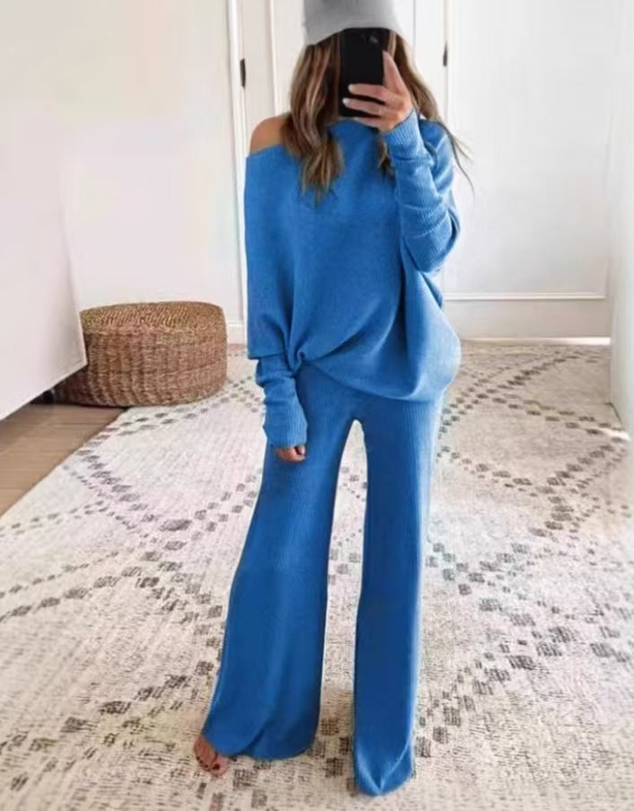 Women's Off Shoulder Oversized Knit Set Wide Leg Pants