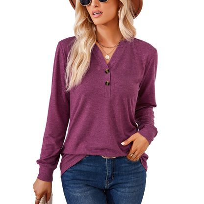 Women's Henley V Neck Long Sleeve Button Loose Tunic Top