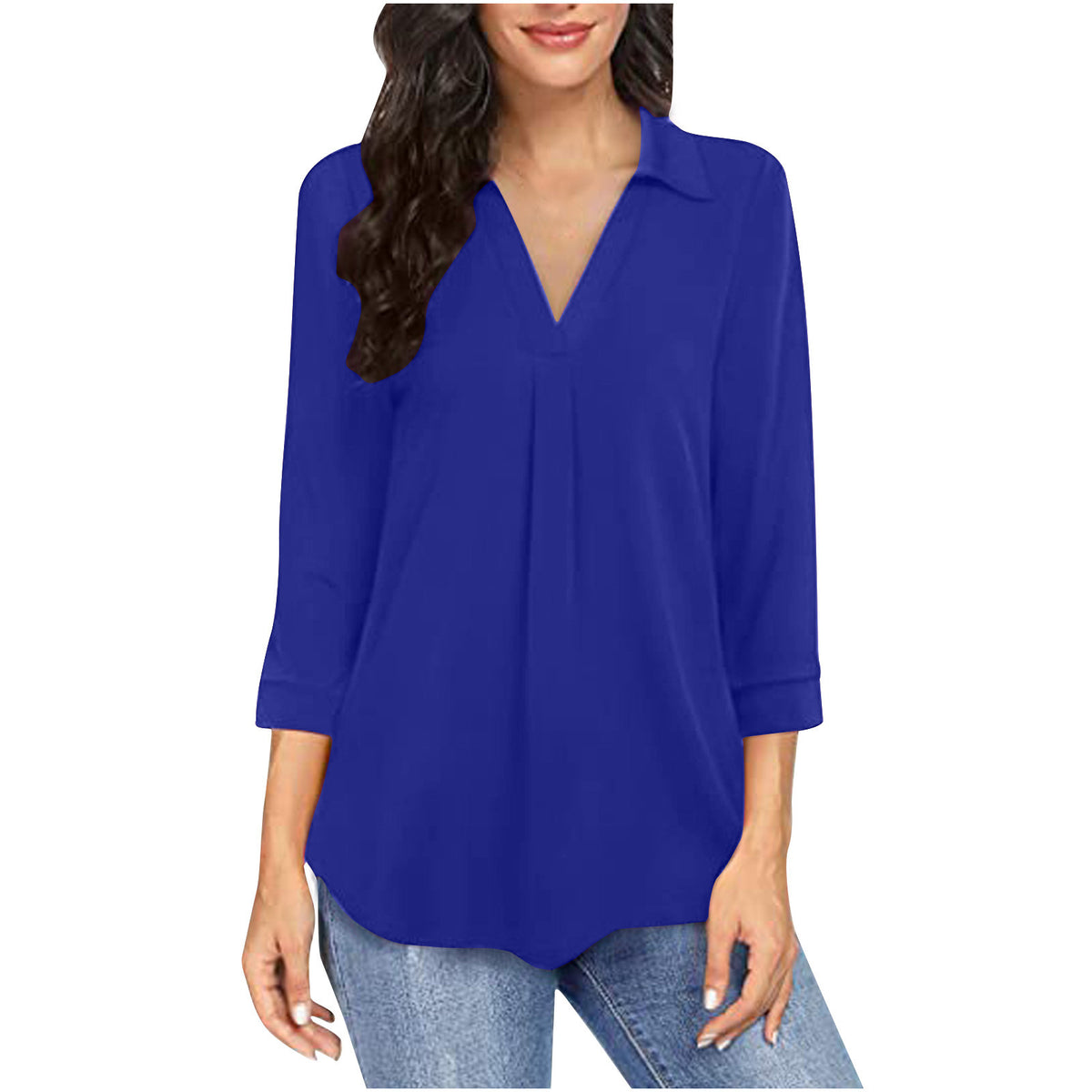 Women's V Neck Chiffon Blouse 3/4 Sleeve Pleated Top