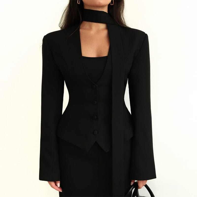 Women's Scarf Neck V-Neck Slim Fit Blazer Long Sleeve