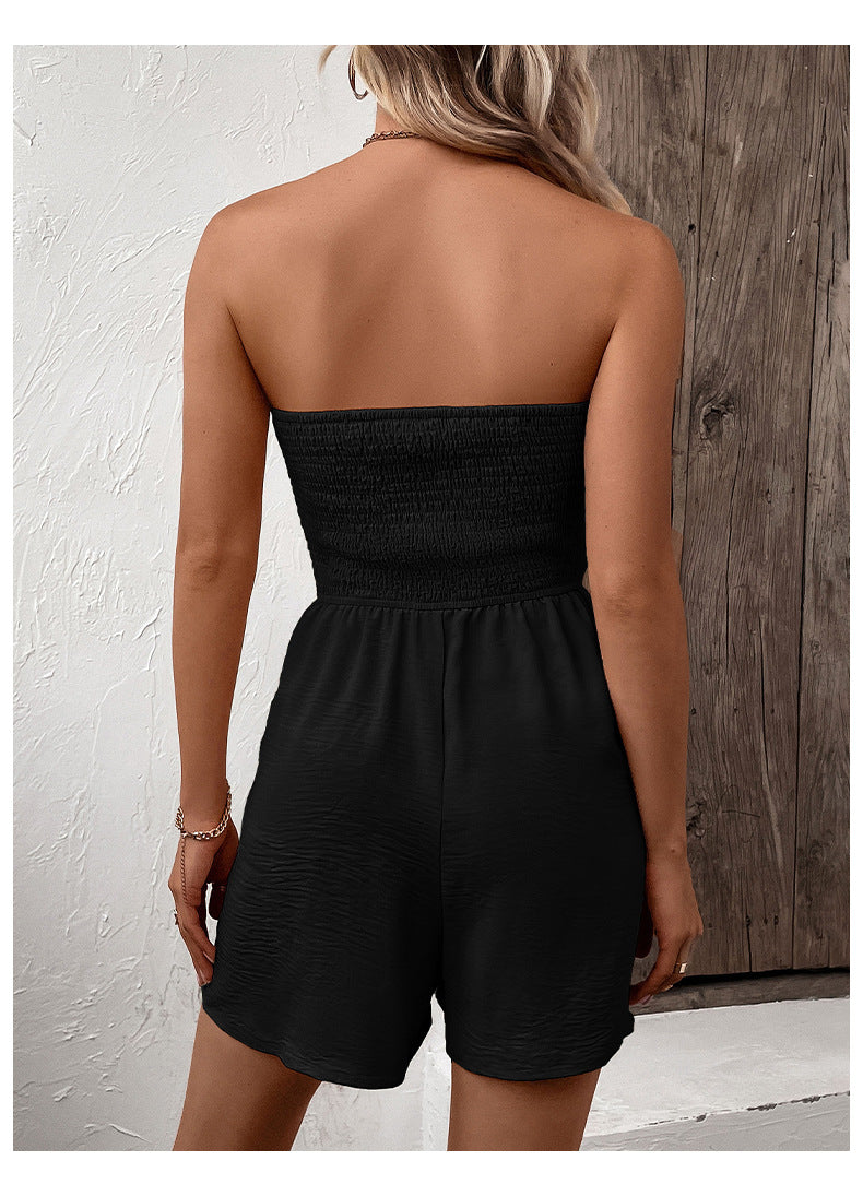 Solid Smocked Tube Romper Button Tie Waist