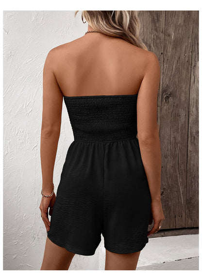 Solid Smocked Tube Romper Button Tie Waist