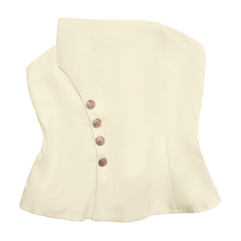 Strapless Button Detail Top and Wide Leg Pants Set