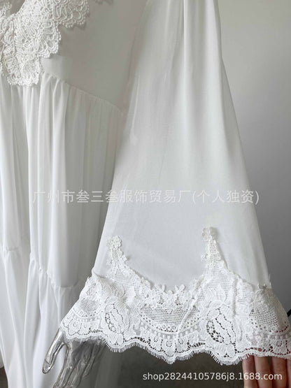 Women's Boho Lace Chiffon Long Sleeve Maxi Dress