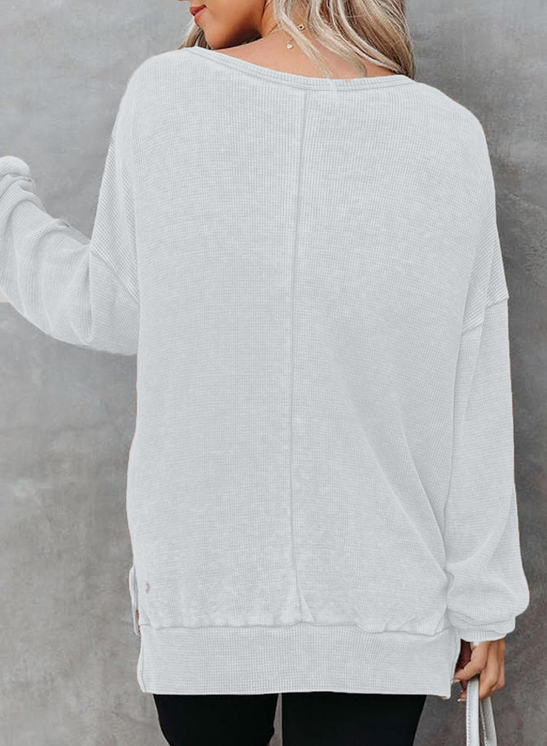 Waffle Split Hem Sweatshirt Women Casual Long Sleeve Top