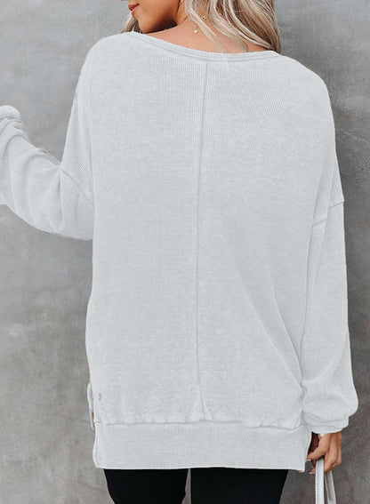Waffle Split Hem Sweatshirt Women Casual Long Sleeve Top