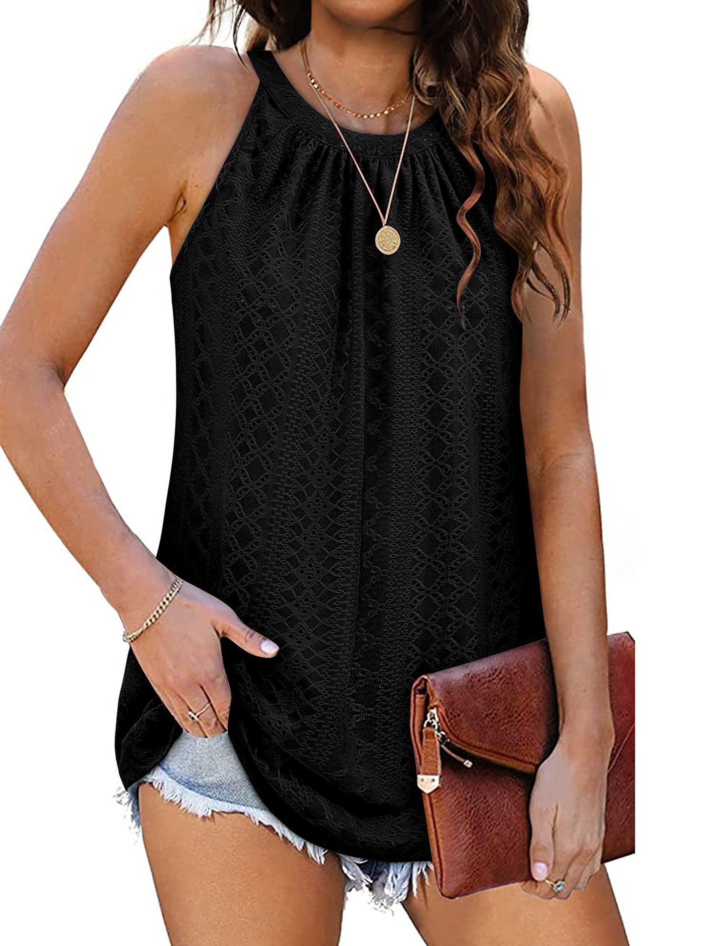 Loose Fit Round Neck Pleated Sleeveless Vest T-Shirt