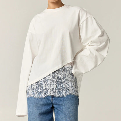 Women's Lace Hem Long Sleeve Top Relaxed Fit Cotton Tee