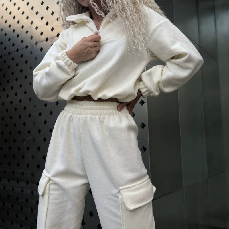 Women's Quarter Zip Crop Sweatshirt Cargo Jogger Set
