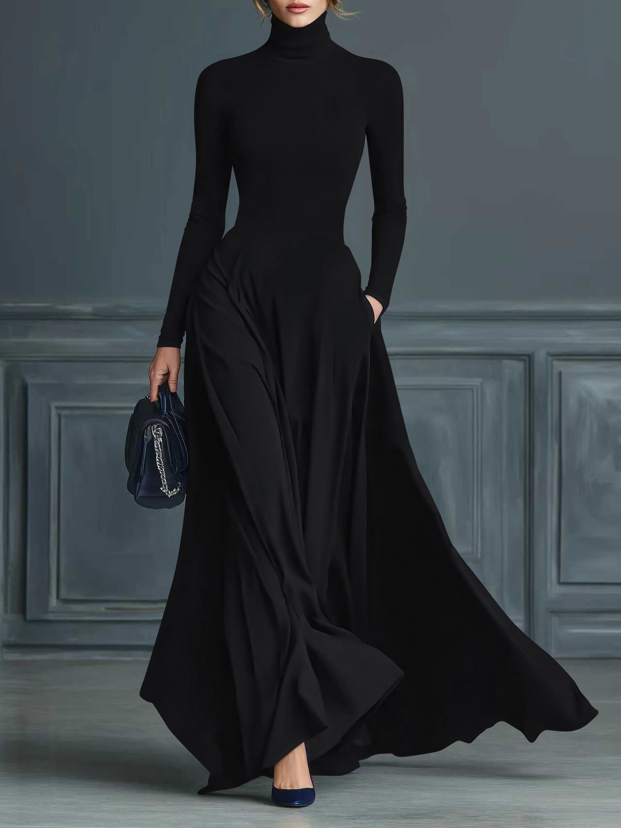 Women's Turtleneck Long Sleeve Fit and Flare Maxi Dress