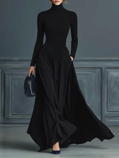 Women's Turtleneck Long Sleeve Fit and Flare Maxi Dress