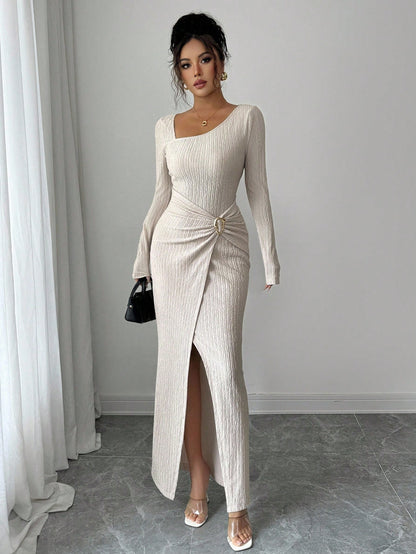 Wine Red Asymmetric Neck Knit Maxi Dress Women