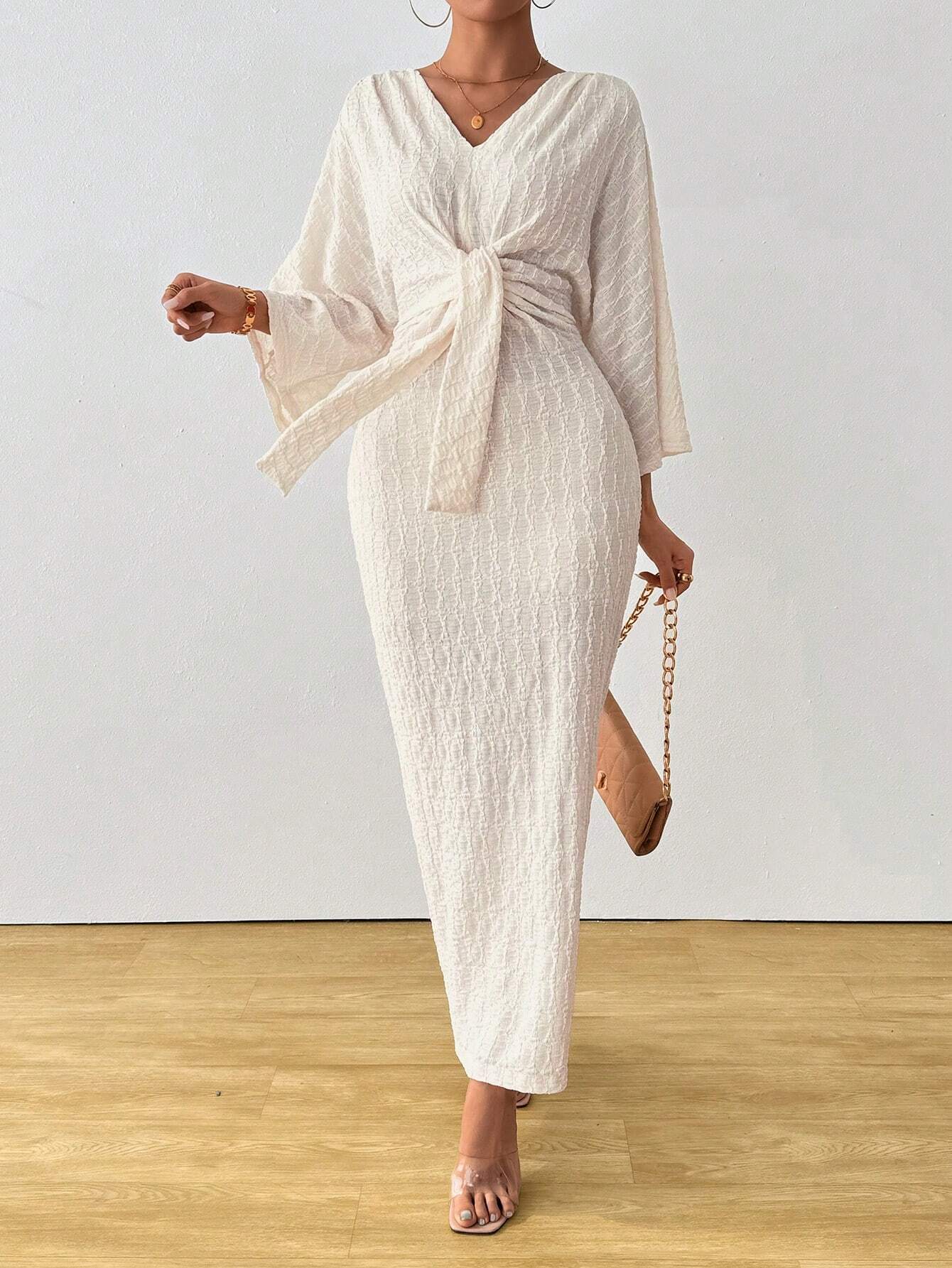 Women's V-Neck Tie Front Ruched Midi Dress with Slit