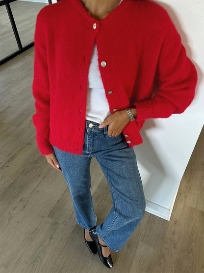Oversized Fuzzy Button Up Crew Neck Cardigan Sweater