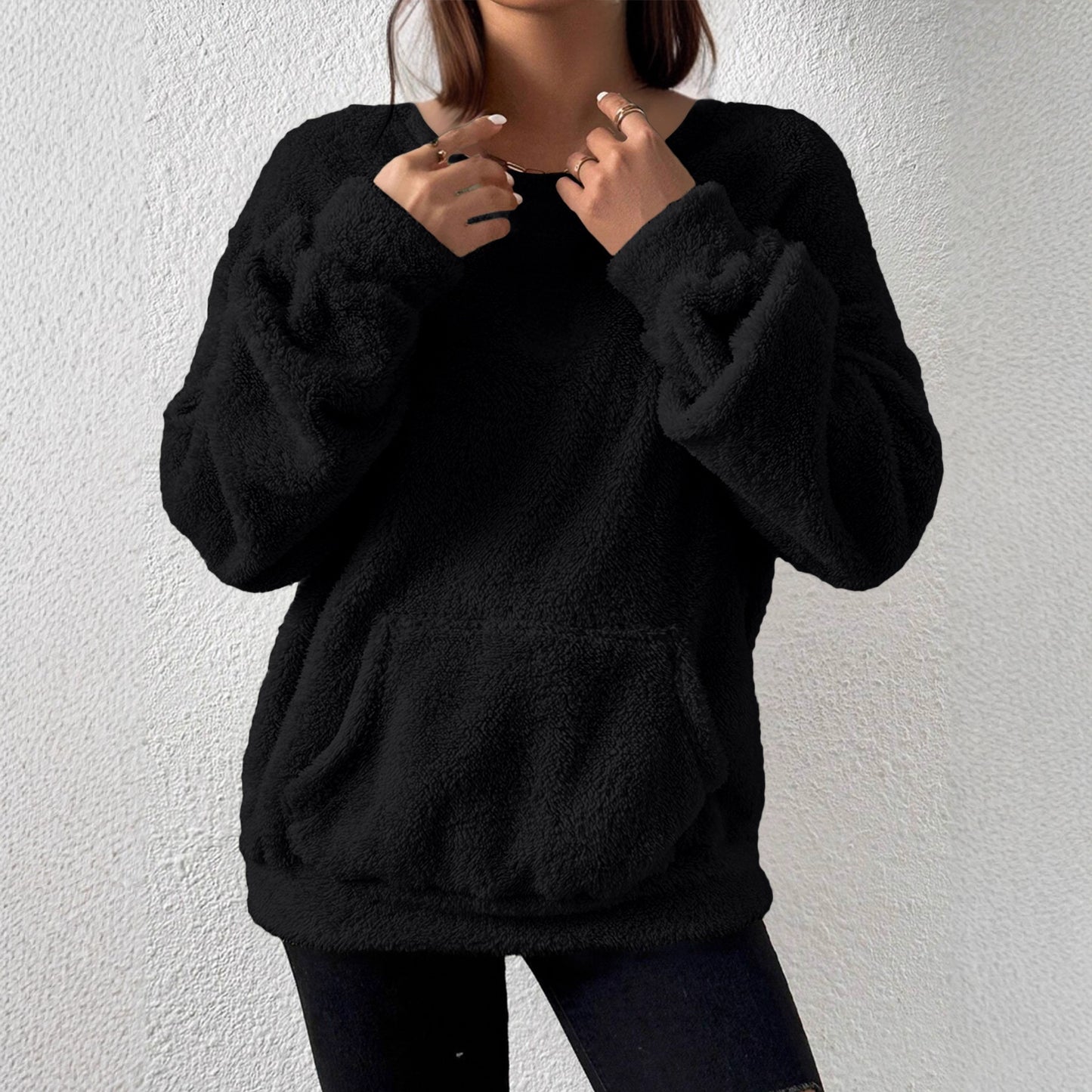 Women's Sherpa Fleece Crewneck Sweatshirt Pocket