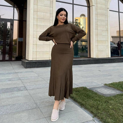 Women's Two Piece Pleated Maxi Skirt Set Long Sleeve
