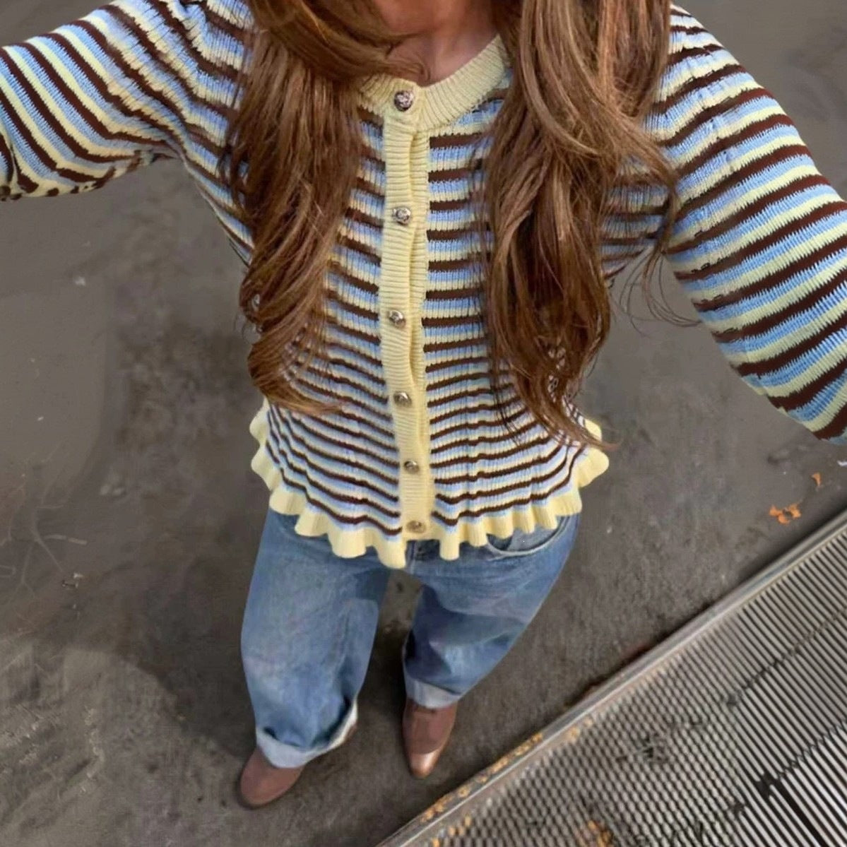 Women's Striped Cardigan Button Front Ruffle Hem Sweater