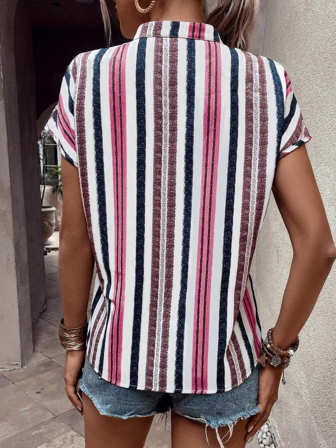 Striped V-Neck Batwing Sleeve Blouse for Women