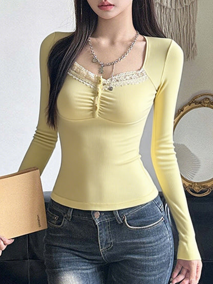 Y2K Lace Trim Ribbed Long Sleeve Fitted Top