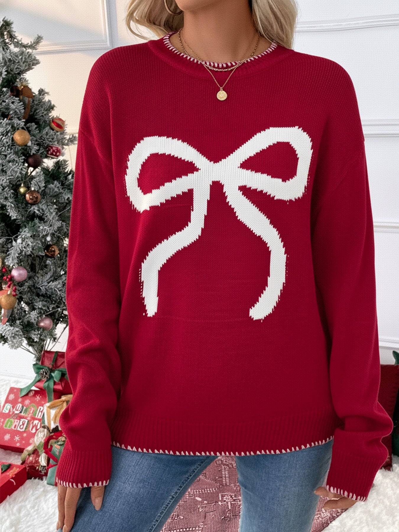 Christmas/Valentine’s Day Bow Knit Sweater Holiday Pullover