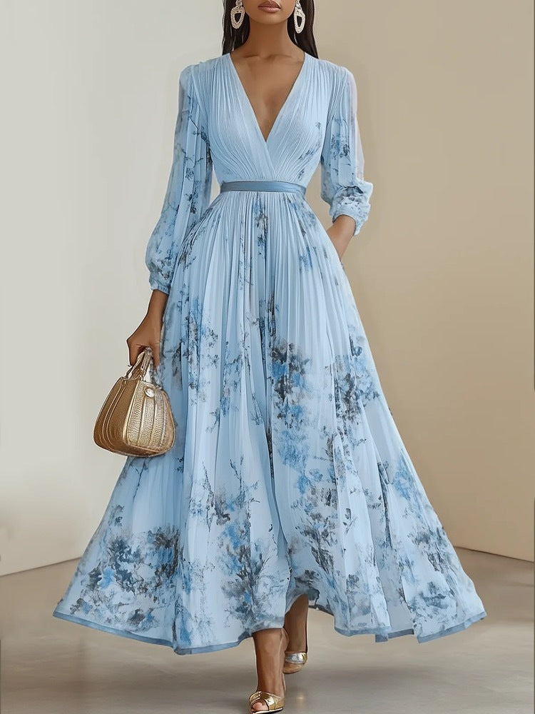 Floral Pleated V-Neck Long Sleeve Maxi Dress