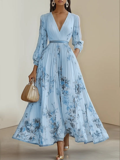 Women's Floral V-Neck Maxi Dress Long Sleeve Pleated A-Line