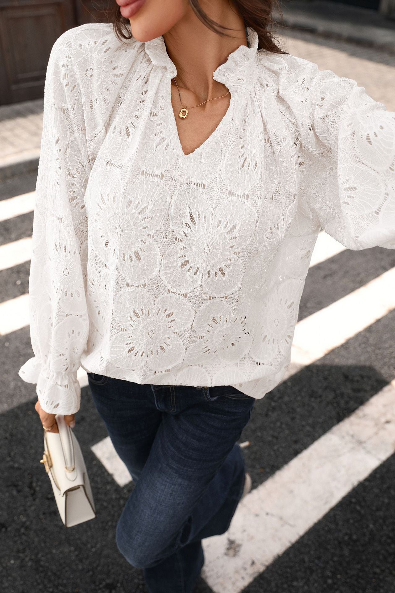 Eyelet Lace Blouse V Neck Puff Sleeve Top
