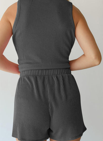 Dark Pink Ribbed Sleeveless Tank and Shorts Lounge Set