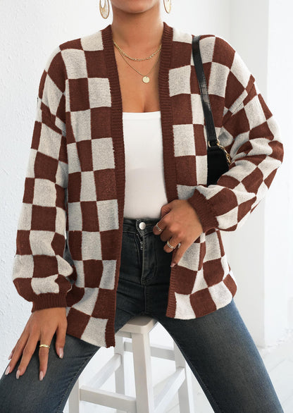 Women's fashion plaid shirt contrasting color splicing checkerboard sweater cardigan