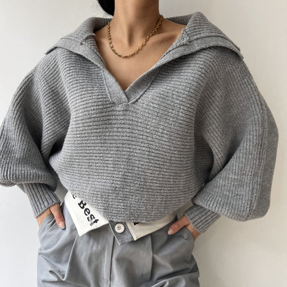 Womens Collared V Neck Ribbed Knit Sweater
