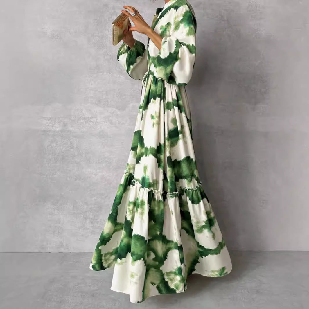 Women's Boho Tie Waist Tiered Maxi Dress Long Sleeve