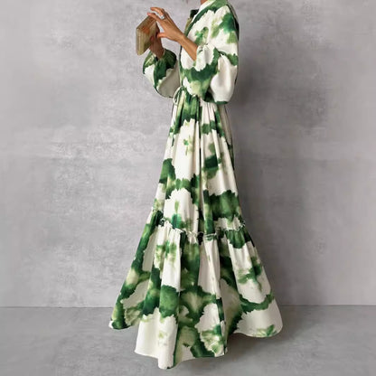Women's Boho Tie Waist Tiered Maxi Dress Long Sleeve