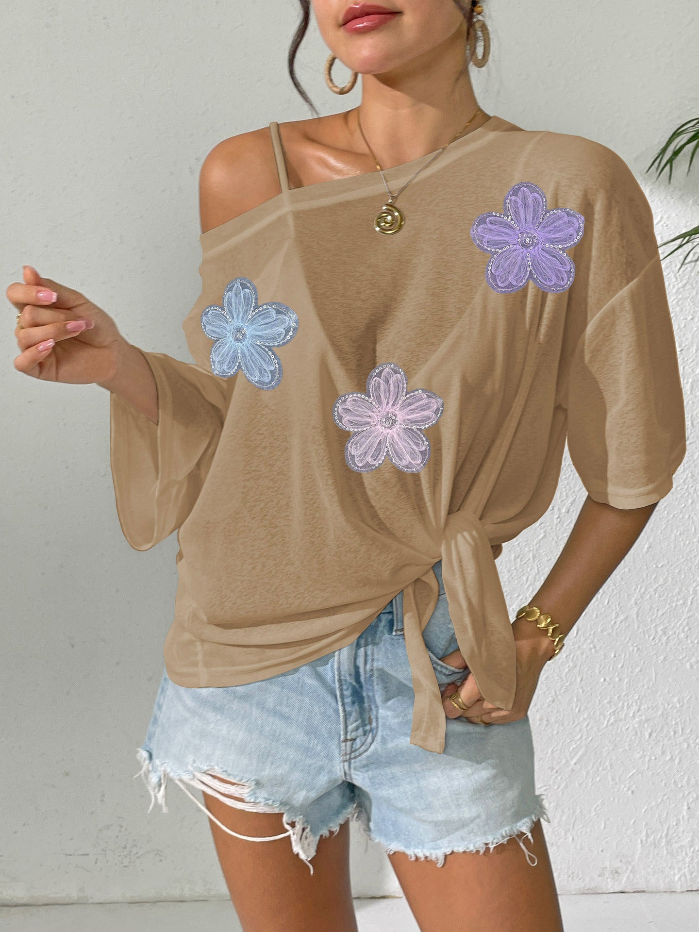 Women's Sheer Tie Front Beach Cover Up Lace Floral Top