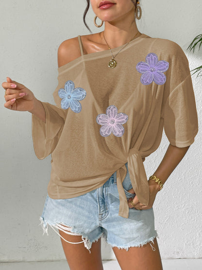 Women's Sheer Tie Front Beach Cover Up Lace Floral Top