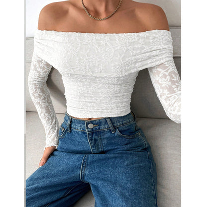 Women's Off Shoulder Floral Lace Backless Long Sleeve Top