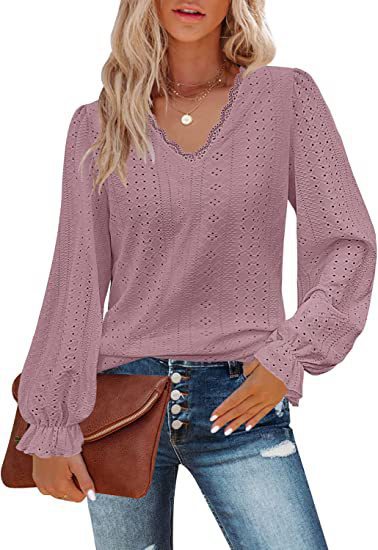 Women's V Neck Lace Long Sleeve Blouse Tunic Top