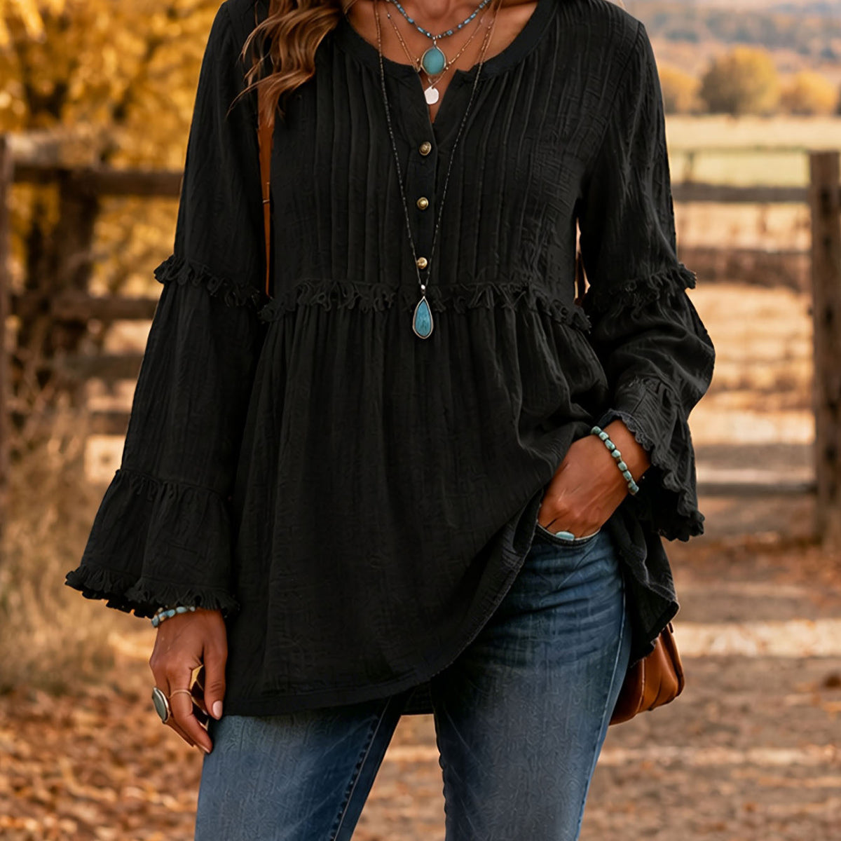 Women's Boho Ruffle V Neck Button Bell Sleeve Tunic Top